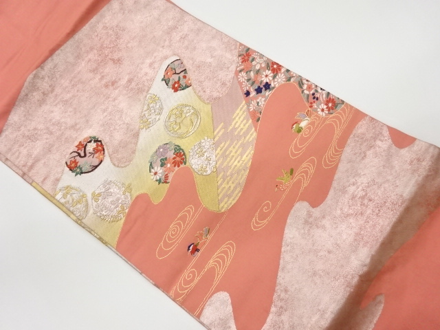 JAPANESE KIMONO / VINTAGE NAGOYA OBI / WOVEN MANDARIN DUCK & FLOWER ROUNDEL